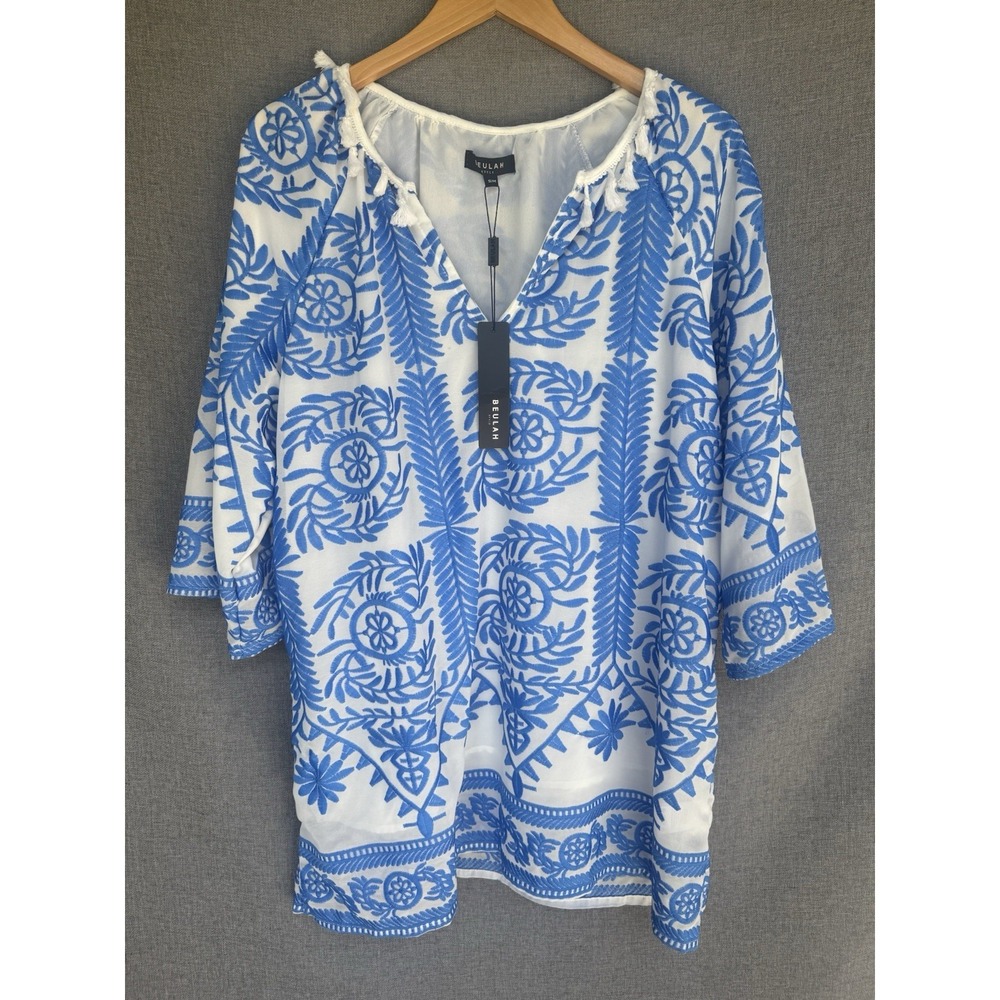 New Beulah Style Colorful Blouse Embroidered Tunic Top Blue White Small/Medium‎